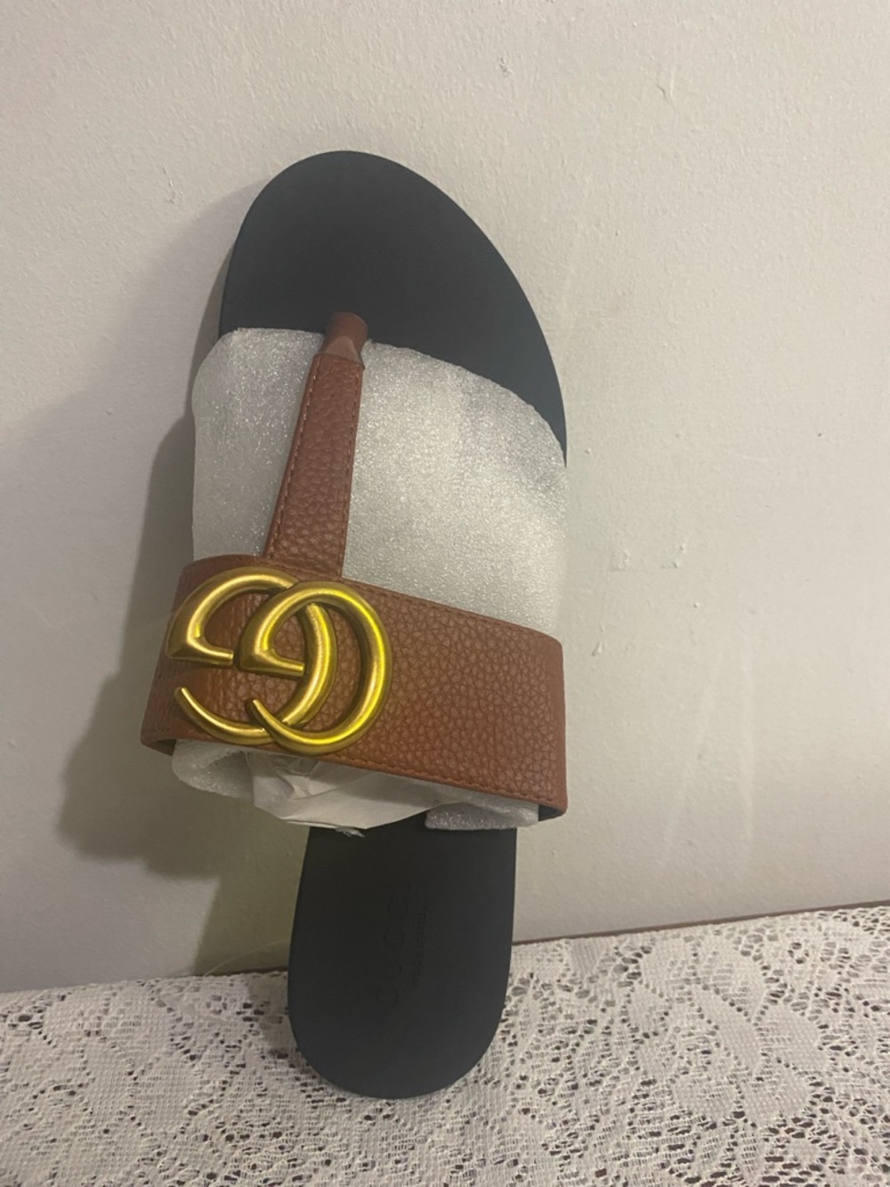 Women’s Brown Leather Slide Sandal with Gold Accent